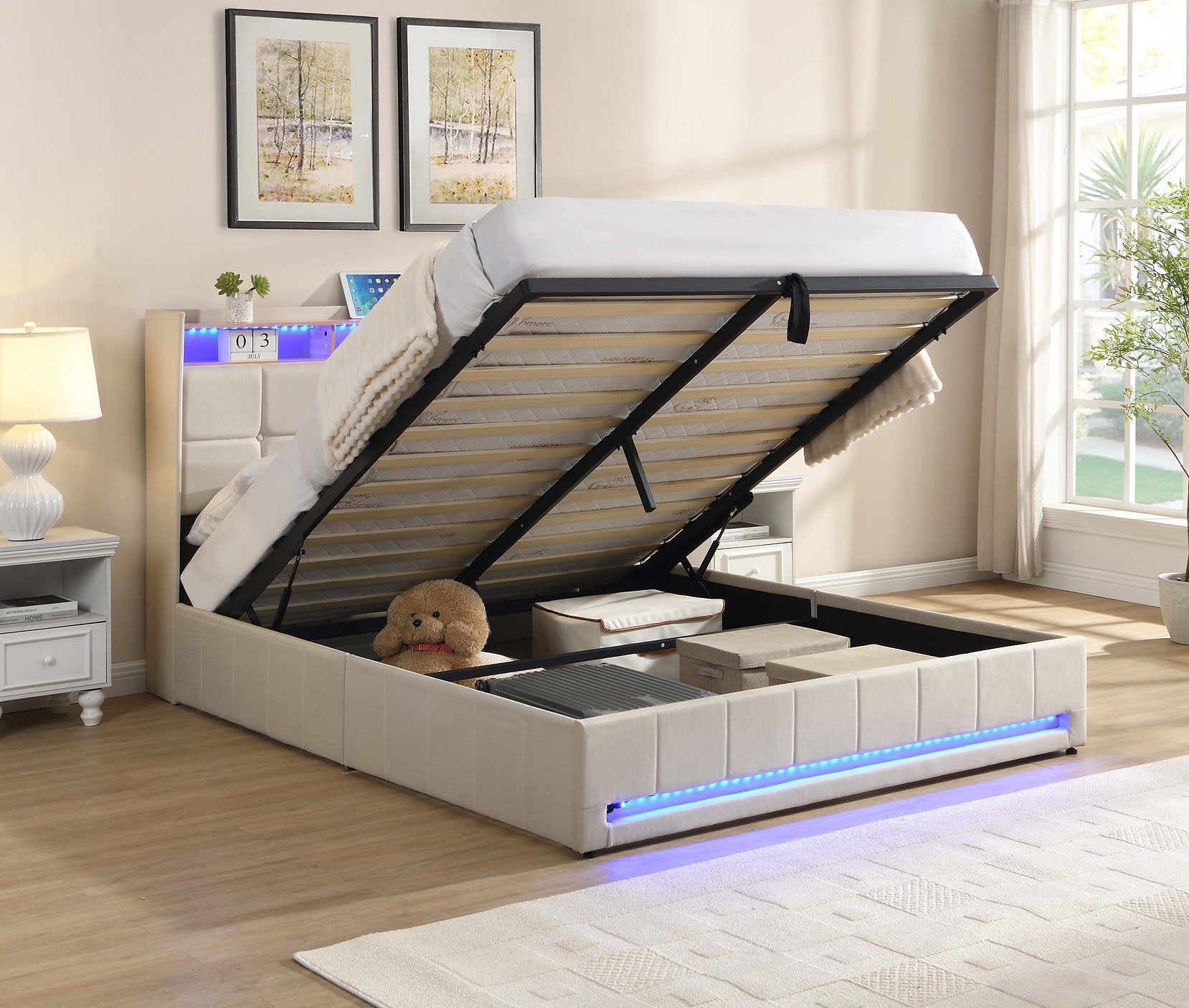 IF-5404 Lift Bed, Beige, Fabric, Button Tufting, Under Bed Storage, Hydraulic Lift for Easy Lifting, USB Charging, LED Accent Lighting, Remote Control