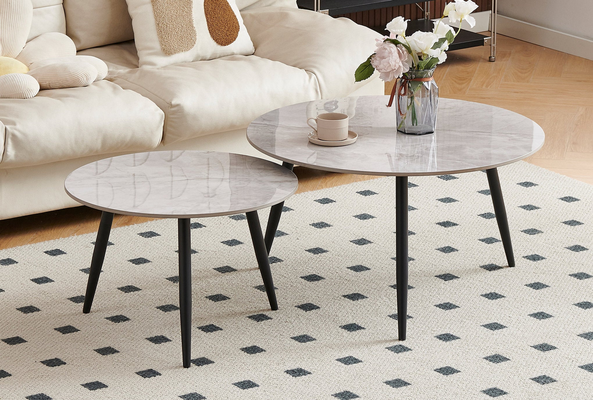 IF-2211 Coffee Table Set, 2Pc, Nested, Armani Grey Sintered Stone Marble Top, Black Legs