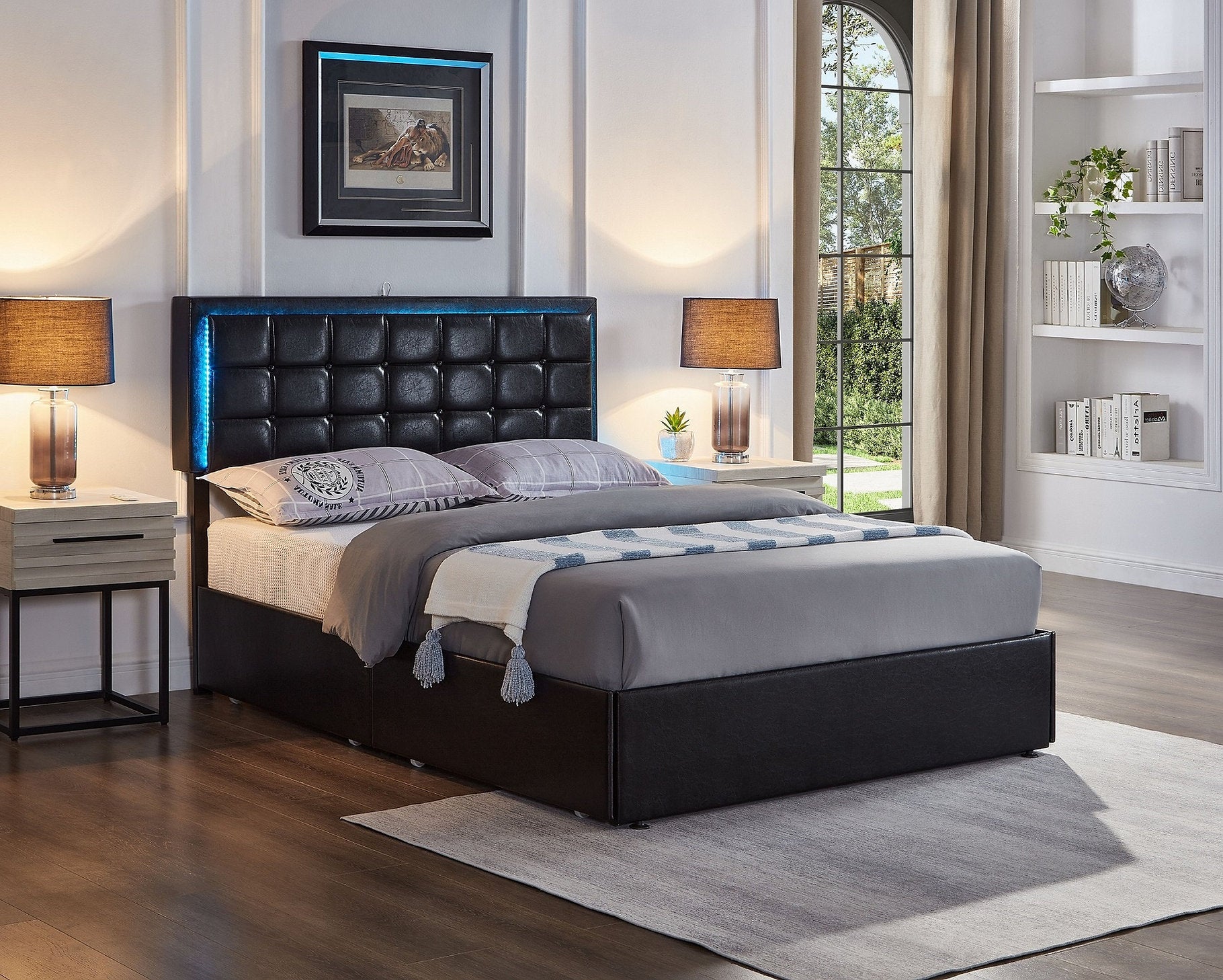 IF-5400 Bed, Black, Faux Leather, Adjustable Height HB, Contemporary Button Tufted Headboard