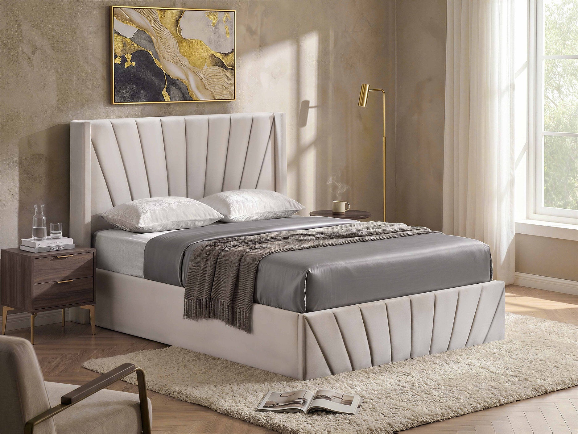 IF-5872 Lift Bed, Cream Fabric, Enclosed Storage, Elegant Fan-Tufted Headboard and Footboard