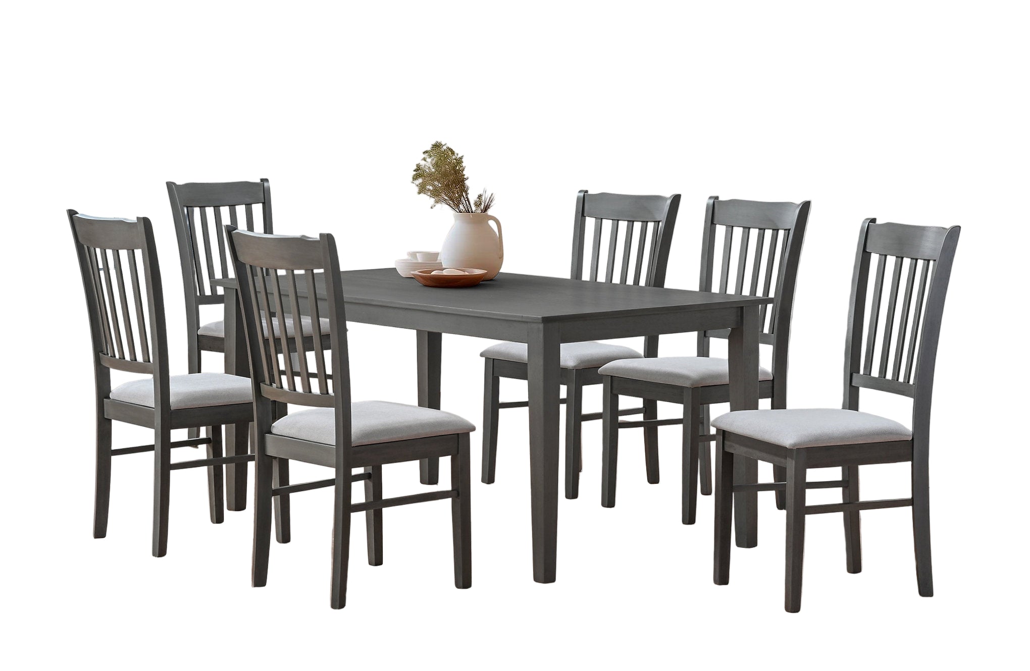 T-1030 | C-1031 Dining Set, 7 Pc, 63" Table + 6 Chairs, Antique Grey, Fabric Upholstered Cushion Seats