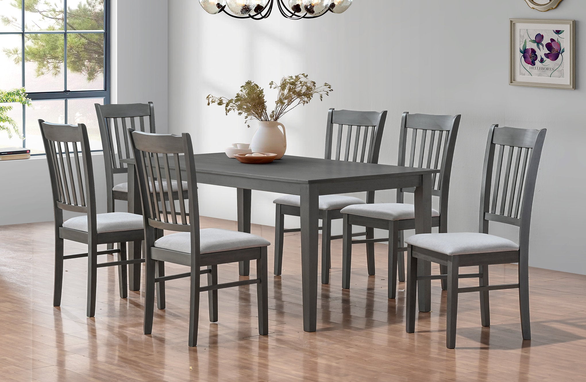 T-1030 | C-1031 Dining Set, 7 Pc, 63" Table + 6 Chairs, Antique Grey, Fabric Upholstered Cushion Seats
