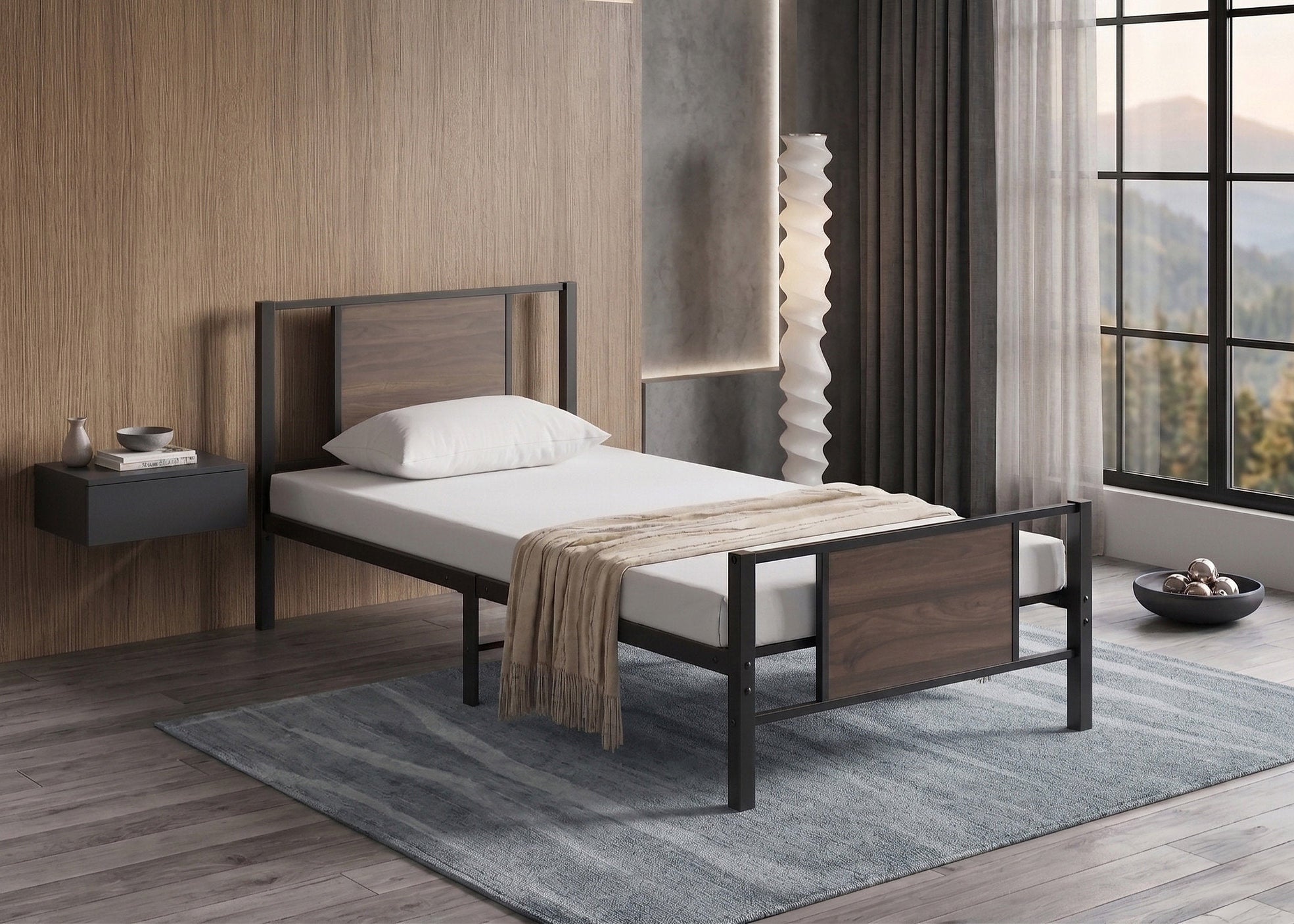 IF-5275 Bed, Black, Metal Frame, Wood Panel Accents