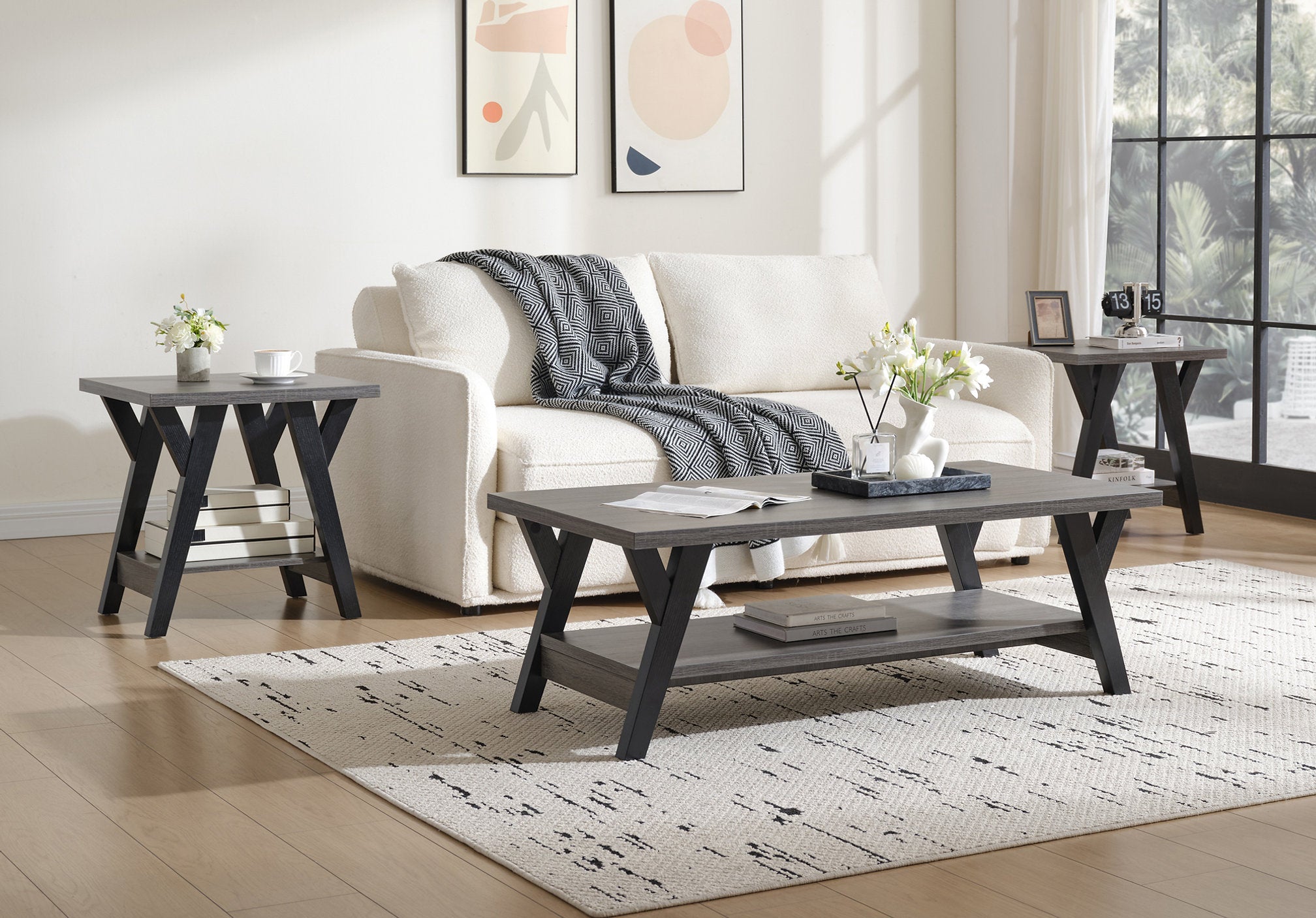 IF-3505 Coffee Table Set, 3Pc, Grey Top, 48" Coffee Table, 22" End Tables, Grey Frame