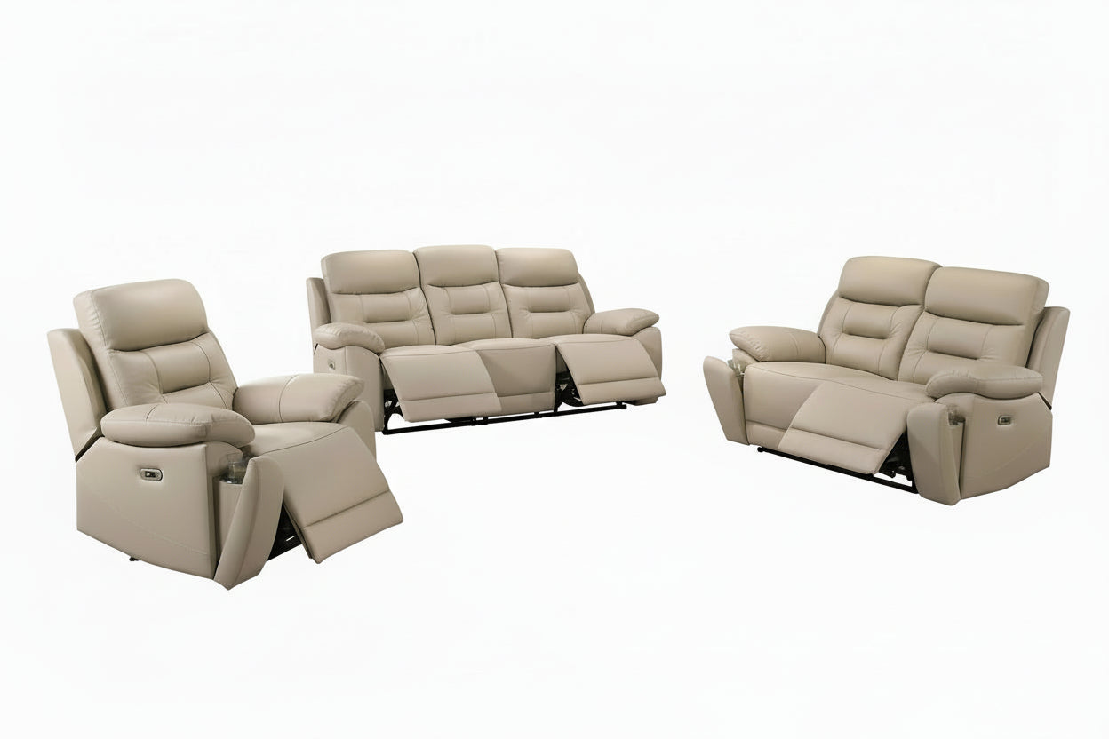 IF-8162 Power Recliner Set, 3pc, Soft Cream Beige, Genuine Leather/Match, USB Charging, Hidden Cup Holders