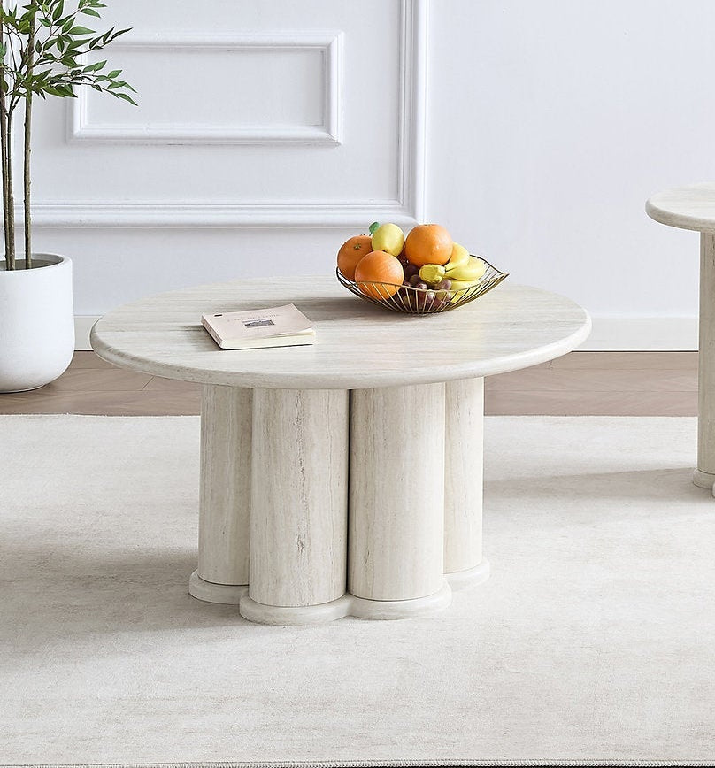 IF-2680 Coffee Table, Round Top, Light Travertine Look, Sculptural 4 Column Pedestal