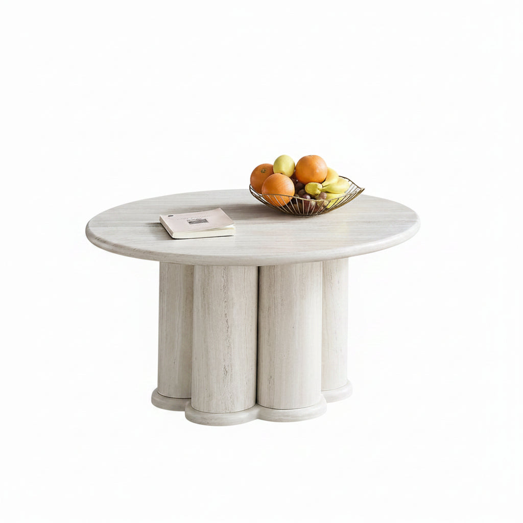 IF-2680 Coffee Table, Round Top, Light Travertine Look, Sculptural 4 Column Pedestal