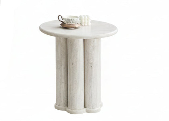 IF-2680 End Table, Round Top, Light Travertine Look, Sculptural 4 Column Pedestal, Sold Each
