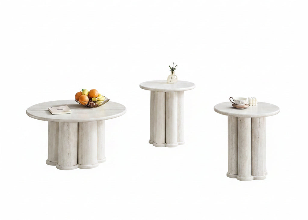 IF-2680 Coffee Table Set, 3Pc, Round Top, Light Travertine Look, Sculptural 4 Column Pedestal