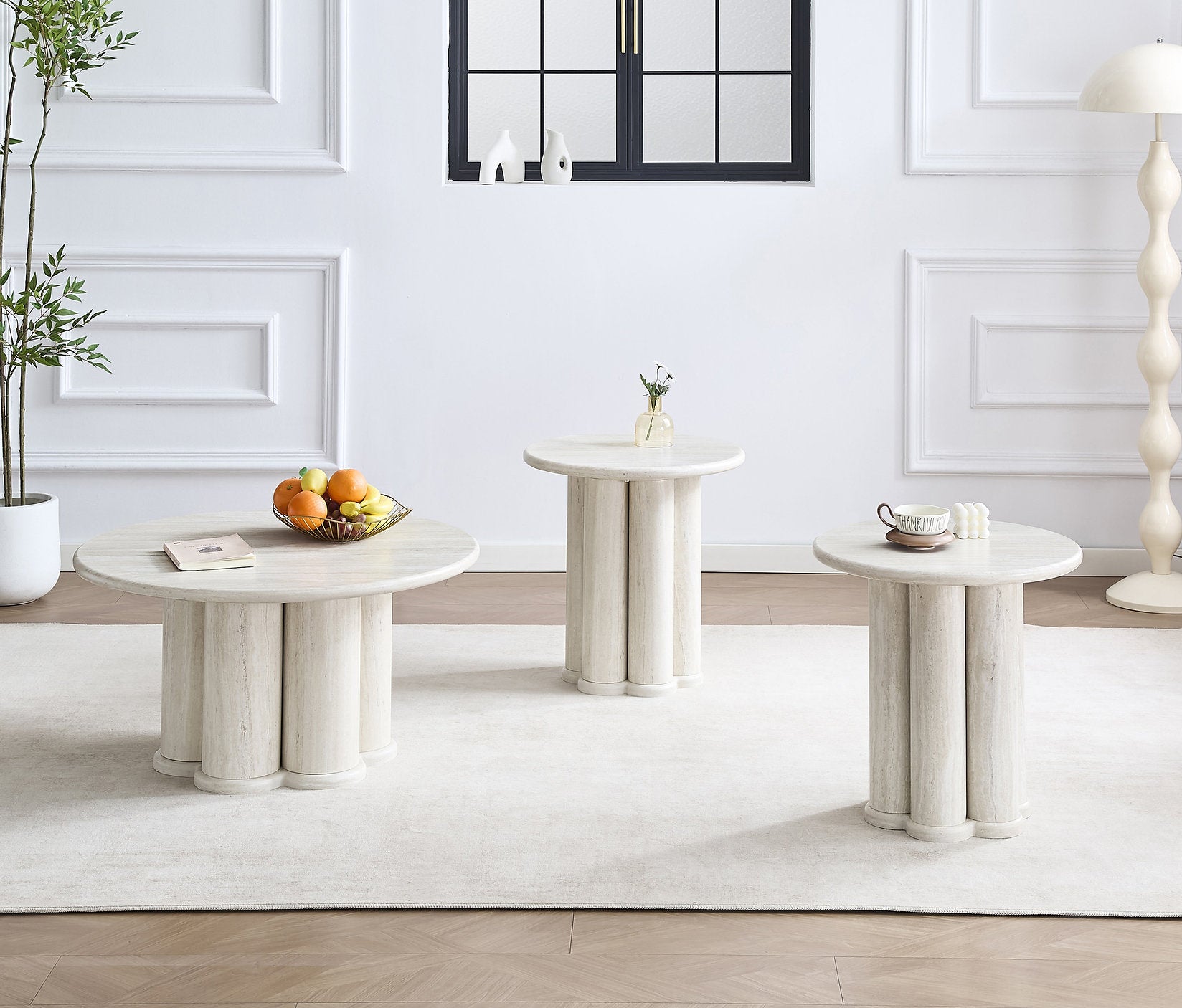 IF-2680 Coffee Table Set, 3Pc, Round Top, Light Travertine Look, Sculptural 4 Column Pedestal