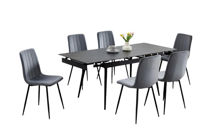 T-1472 | C-1474 Dining Set, 7Pc, 48"-71" Extension Table, Sintered Stone Black Mable, Dark Grey Velvet Chairs