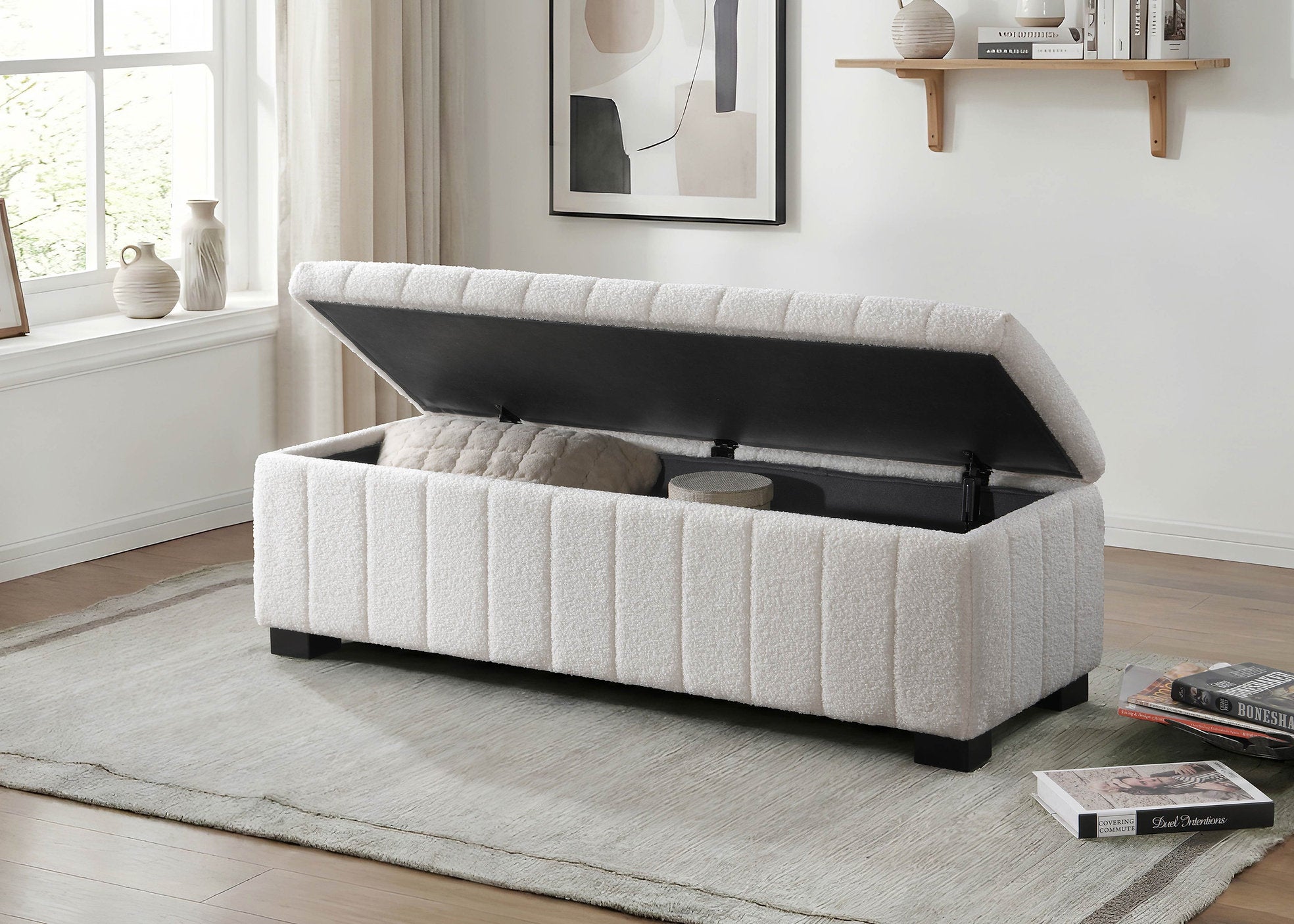 IF-6260 Bench, White, Teddy Bear Fabric, 46" Wide, Enclosed Storage