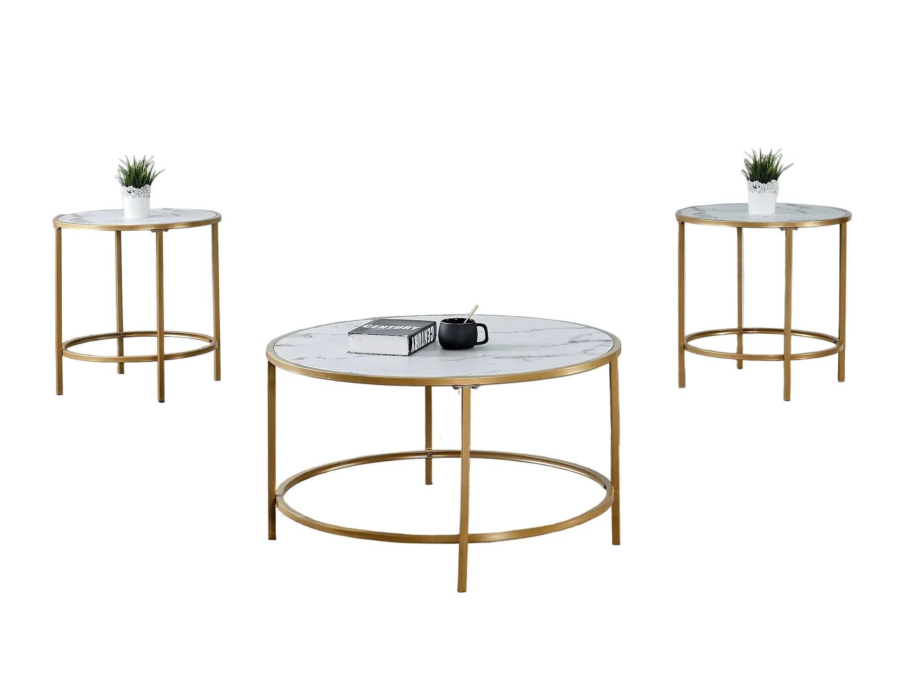 IF-2654 Coffee Table Set, 3Pc, Gold Base, MDF Faux Marble Top