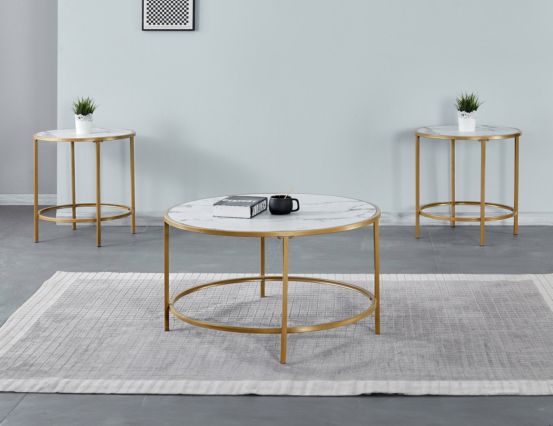 IF-2654 Coffee Table Set, 3Pc, Gold Base, MDF Faux Marble Top