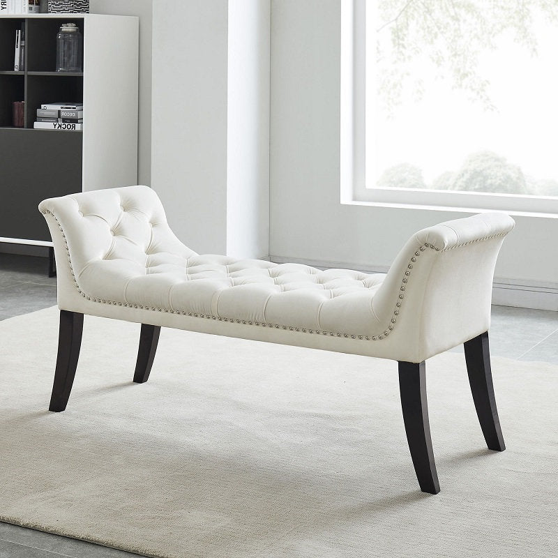 IF-6233 Bench, 50" Wide, Creme, Velvet, Deep Tufting, Nailhead Detail