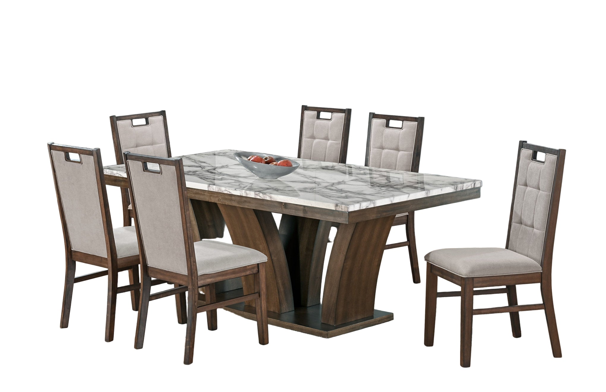 IF-1620 Dining Set, 7Pc, White, High-Gloss Faux Marble Finish, Rustic Brown Base