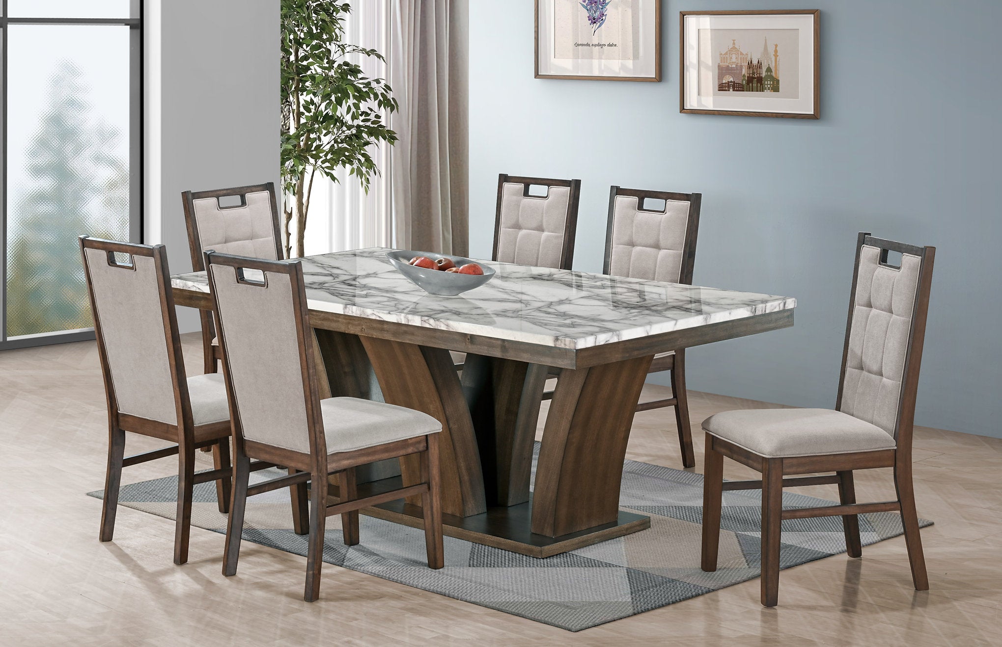 T-1620 Dining Table, White, High-Gloss Faux Marble Finish, Rustic Brown Base