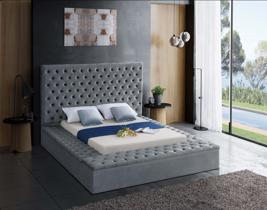 IF-5790 Bed, Grey, Velvet, 3 Storage Benches, Deep Tufting