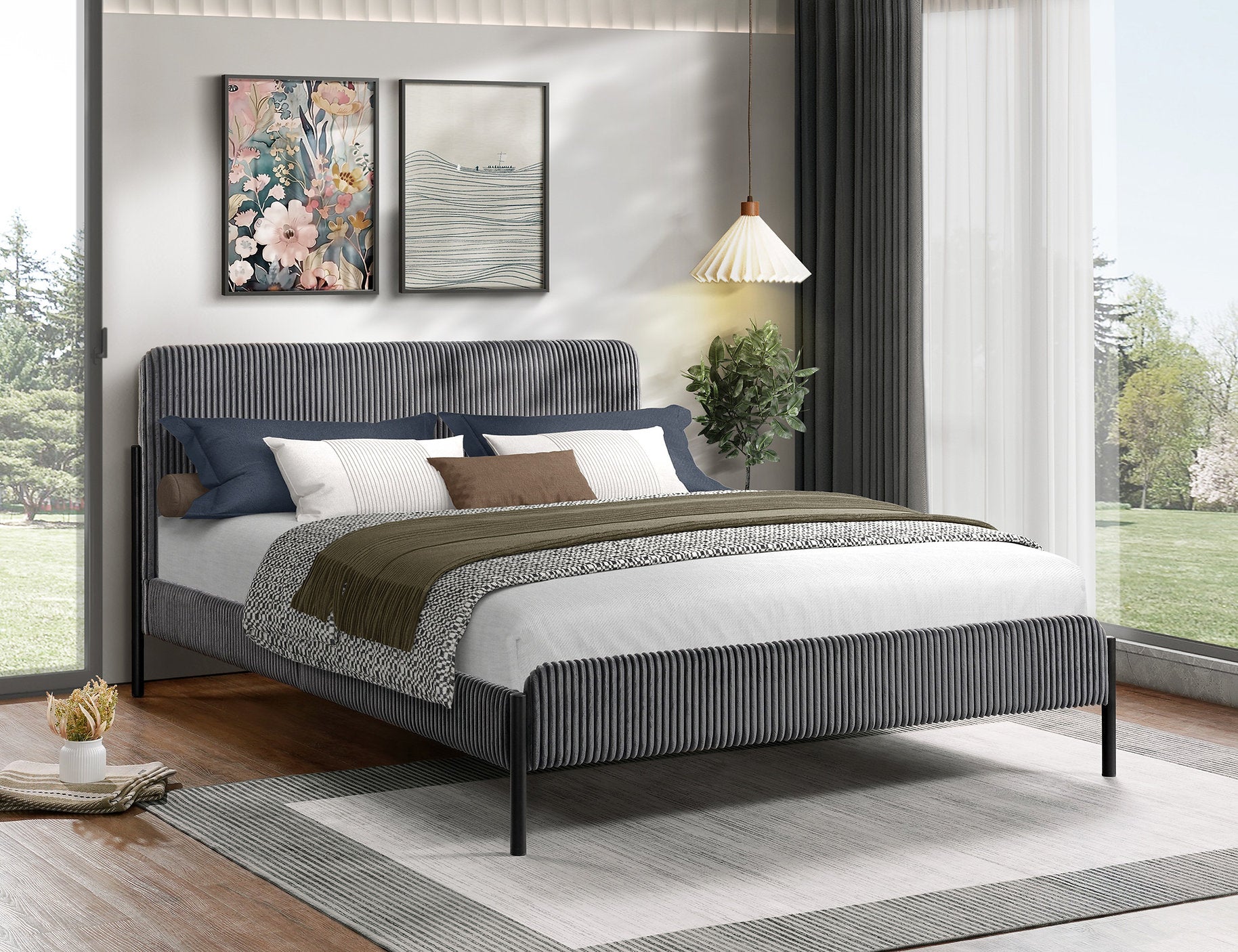 IF-5587 Bed, Grey, Soft Corduroy Upholstery with a Textured Feel