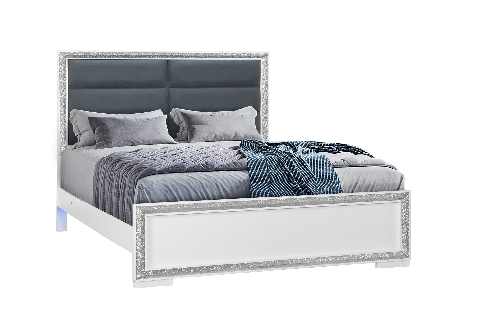 "ANDROS SILVER" Deluxe Bedroom Set, 6Pc, Glossy White, Glamorous Silver Trim, LED Accent Lighting