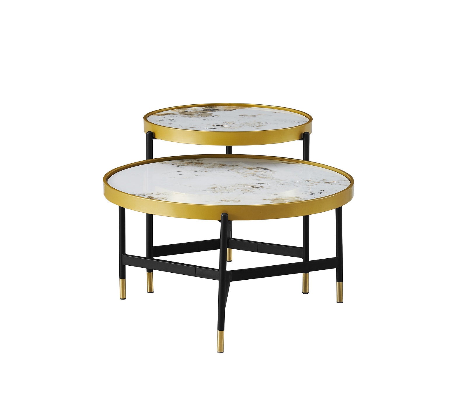 IF-2625 Coffee Table Set, 2Pc, Nested, Sintered Stone Pandora Marble Top, Black and Gold Steel Base