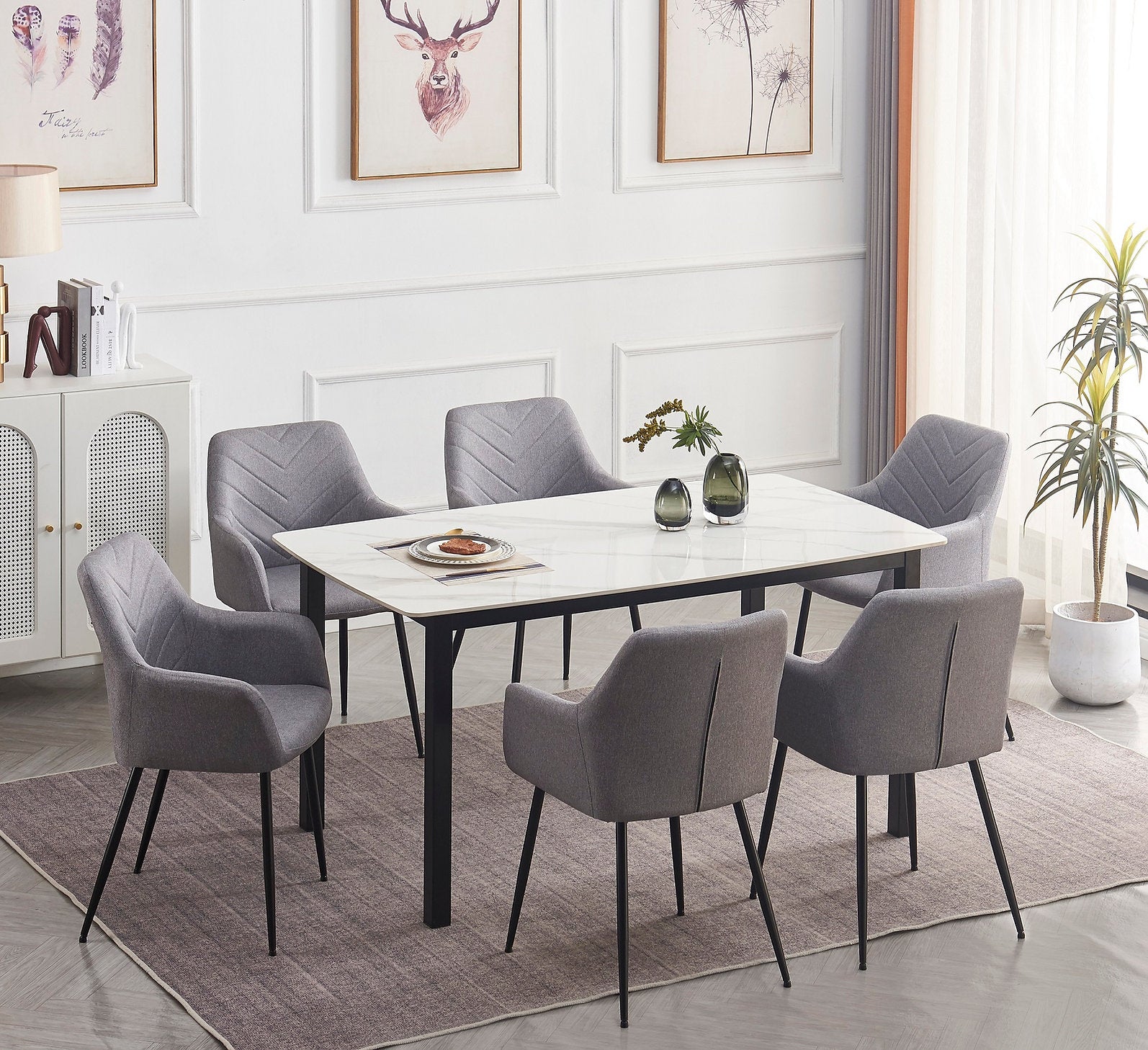 T-1815 | C-1815 Dining Set, Sintered Stone White Marble Top, 7Pc, Grey Fabric Chairs