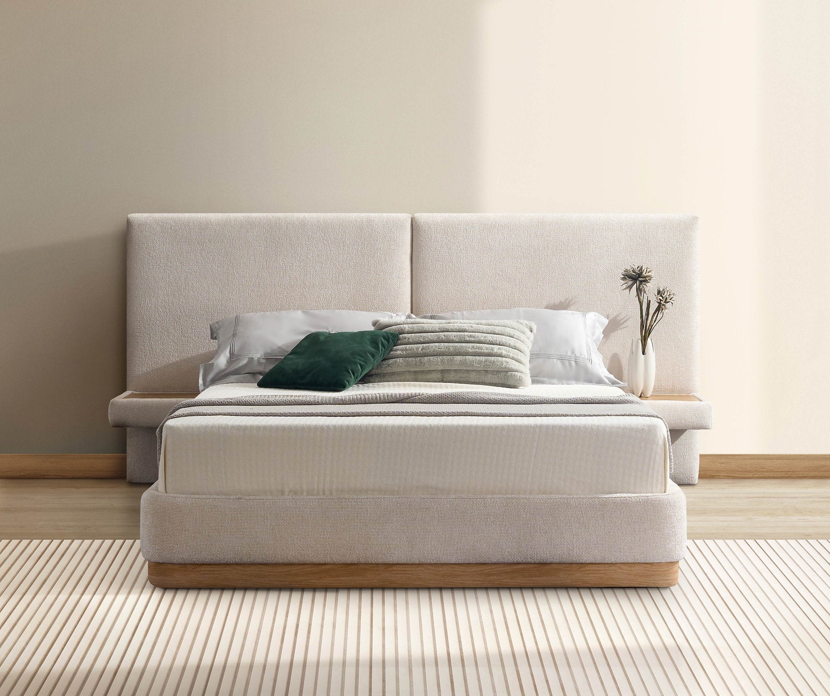 IF-5927 Bed, Tall Panel Headboard, Floating Night Stands, Ivory Fabric
