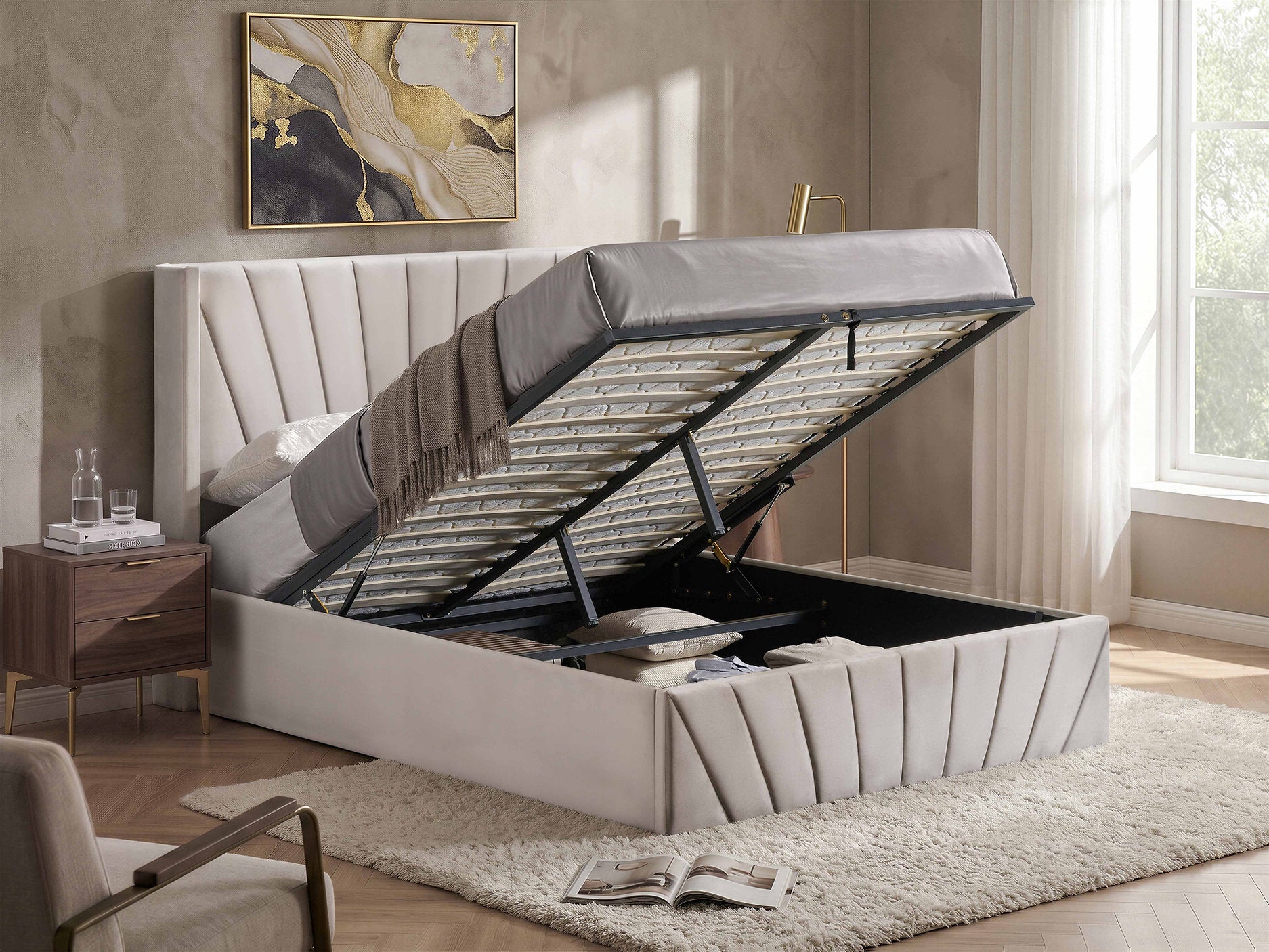 IF-5872 Lift Bed, Cream Fabric, Enclosed Storage, Elegant Fan-Tufted Headboard and Footboard
