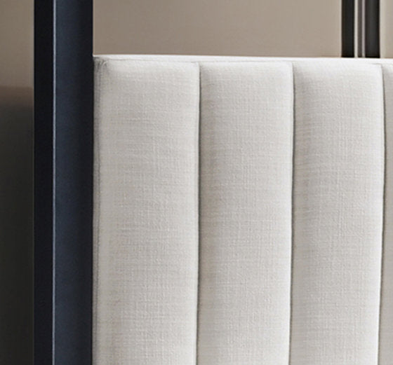 IF-5932 Canopy Bed, Beige Fabric, Black Metal Frame, Vertical Tufted Headboard