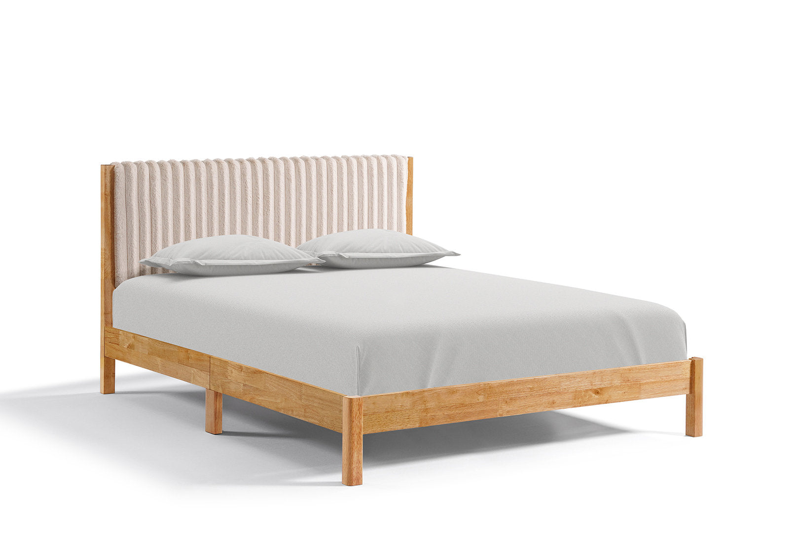 IF-5598 Bed, Brown Wooden Legs, Beige Upholstered Headboard, Vertical Channel Detailing
