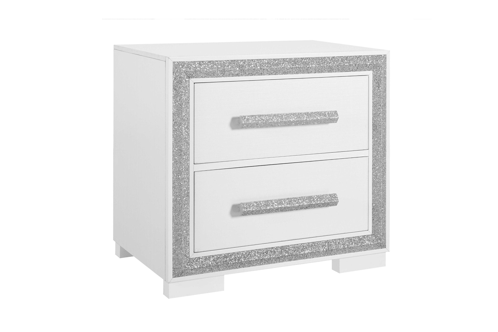 "ANDROS SILVER" Night Table, Glossy White, Glamorous Silver Trim