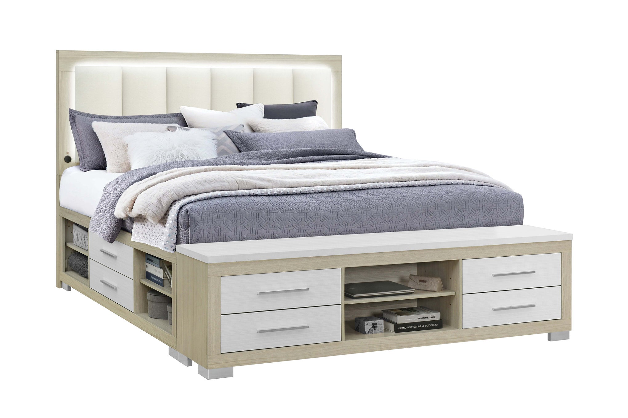 "EMMA" Bed, Natural White, LED Lighting, USB Charging, Built in Bench