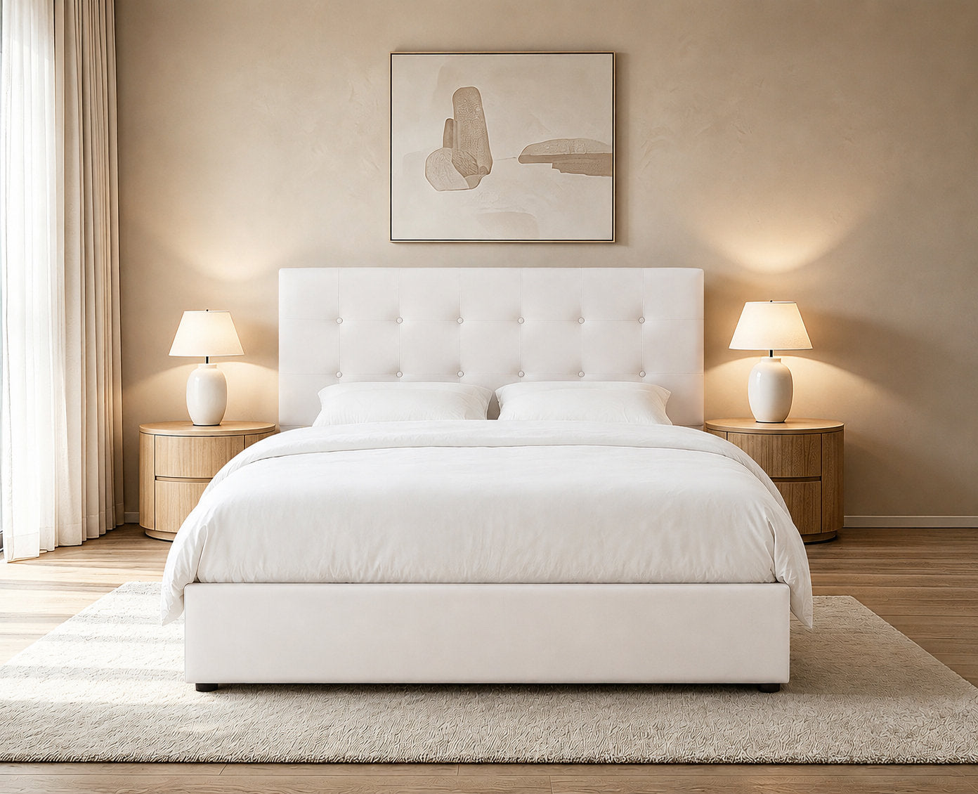 IF-5446 Lift Bed, Cream Fabric, Enclosed Storage