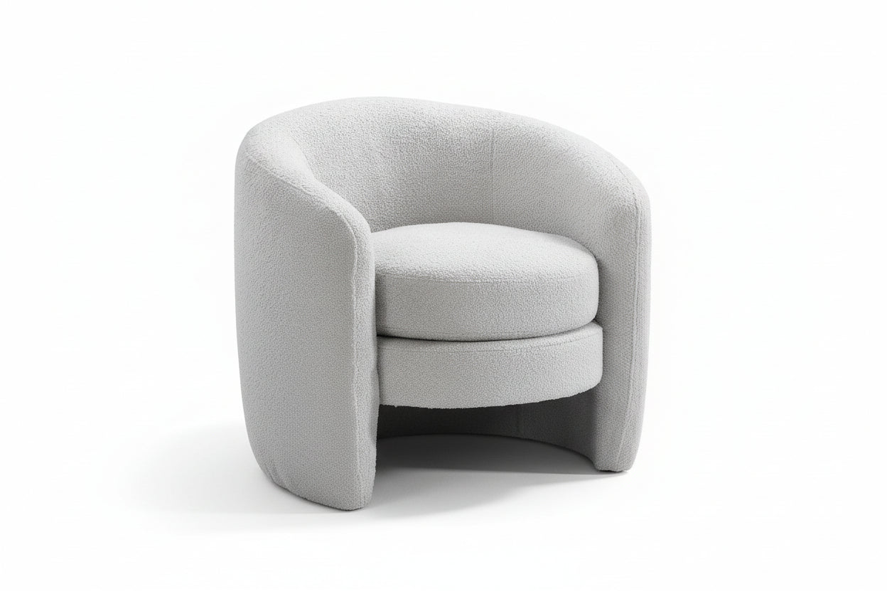 IF-6871 Armchair, Plush Grey Teddy Bear Fabric, Curved Barrel-Style
