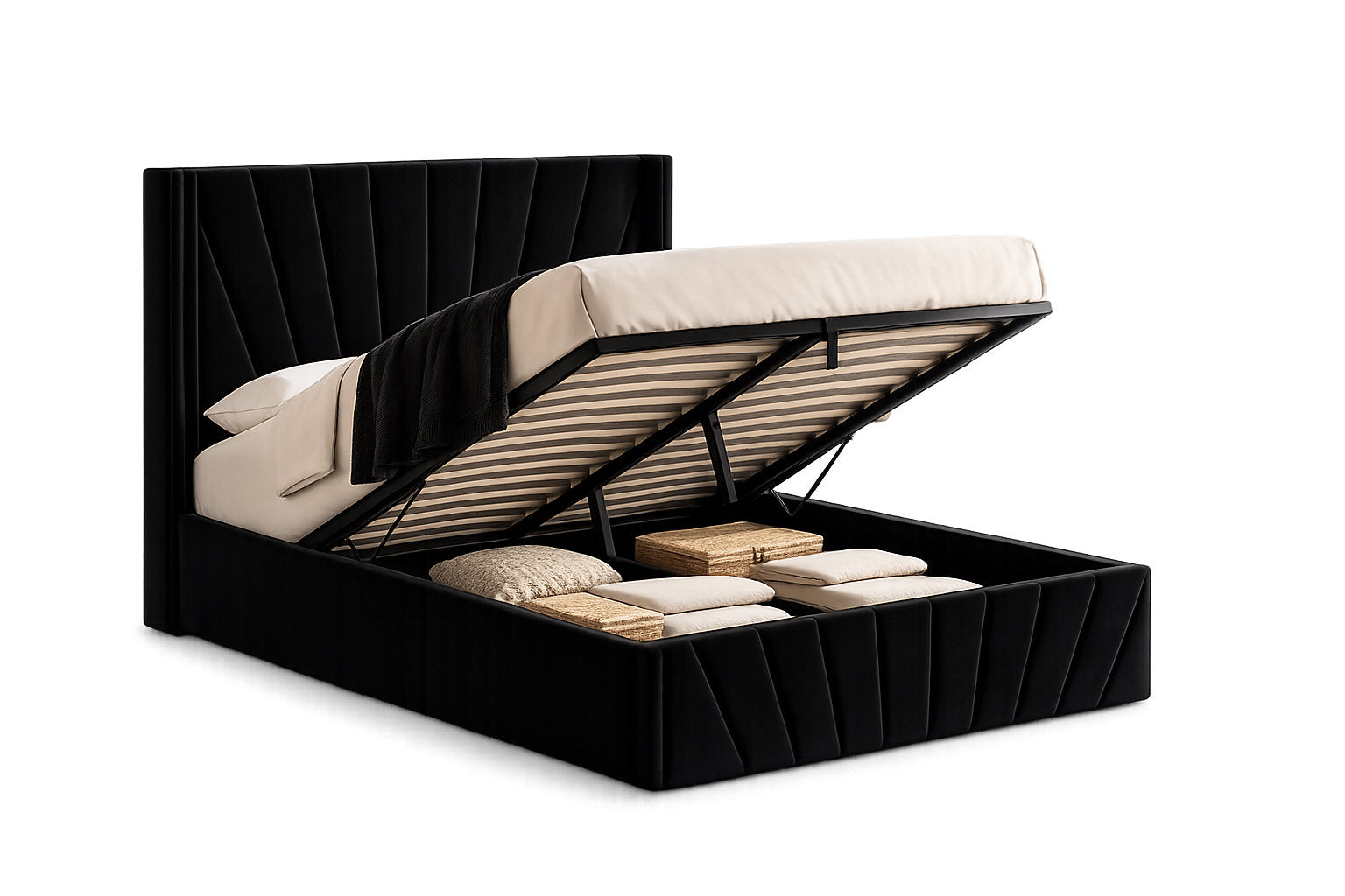 IF-5873 Lift Bed, Black Velvet, Enclosed Storage, Elegant Fan-Tufted Headboard and Footboard