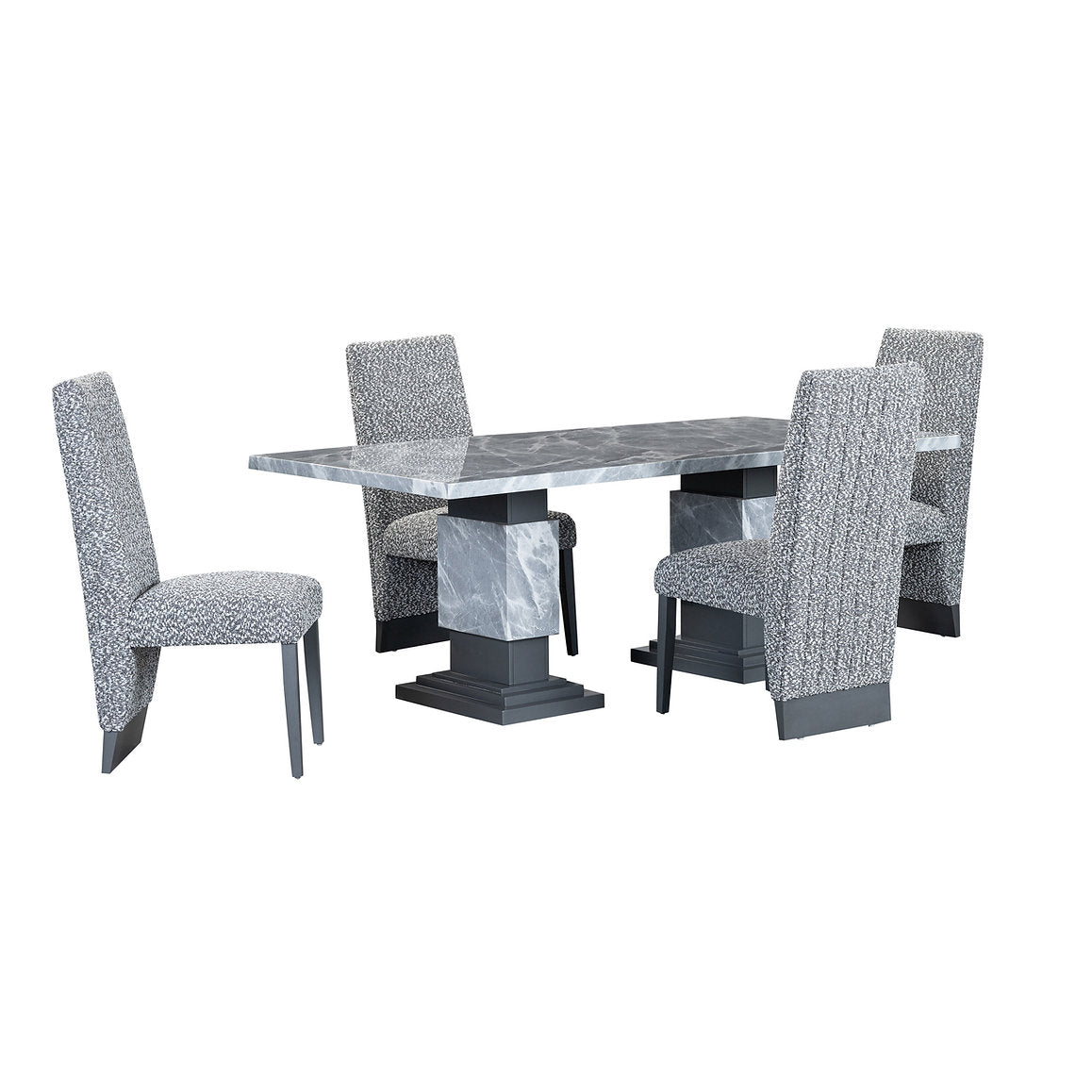 IF-1600 Dining Set, 5Pc or 7Pc, 82" Table, Faux Grey Marble Top, Double Pedestal Base, Grey Fabic Chairs