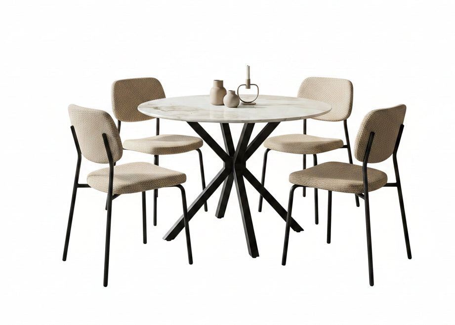 C-1651 Dining Chairs, Cream Textured Fabric, Rounded Cushioned Backrest and Seat, (2 Piece Set)
