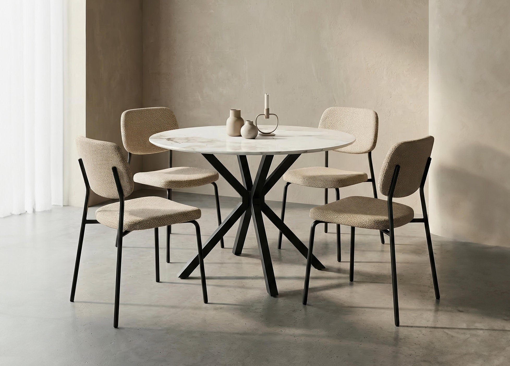 T-1650 | C-1651 Dining Set, 5Pc, Cream Chairs, 40" Round Dining Table, Chanel Stone Top