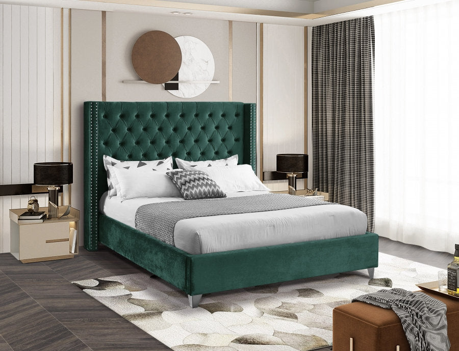 IF-5894 Bed, Green, Velvet, Wing Style Pattern Headboard