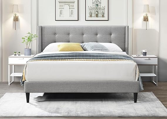 Bed - Grey Fabric with Tufted Headboard  IF-5270