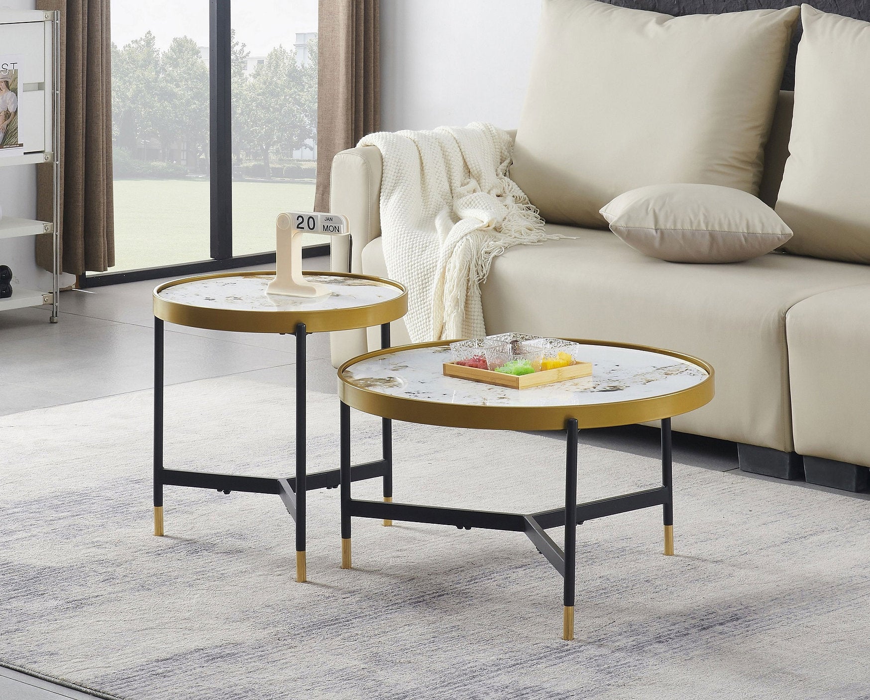 IF-2625 Coffee Table Set, 2Pc, Nested, Sintered Stone Pandora Marble Top, Black and Gold Steel Base