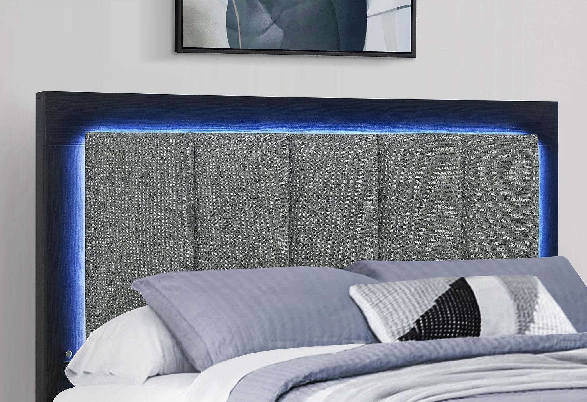 "EMMA" Bed, Grey + Black, LED Lighting, USB Charging, Built in Bench