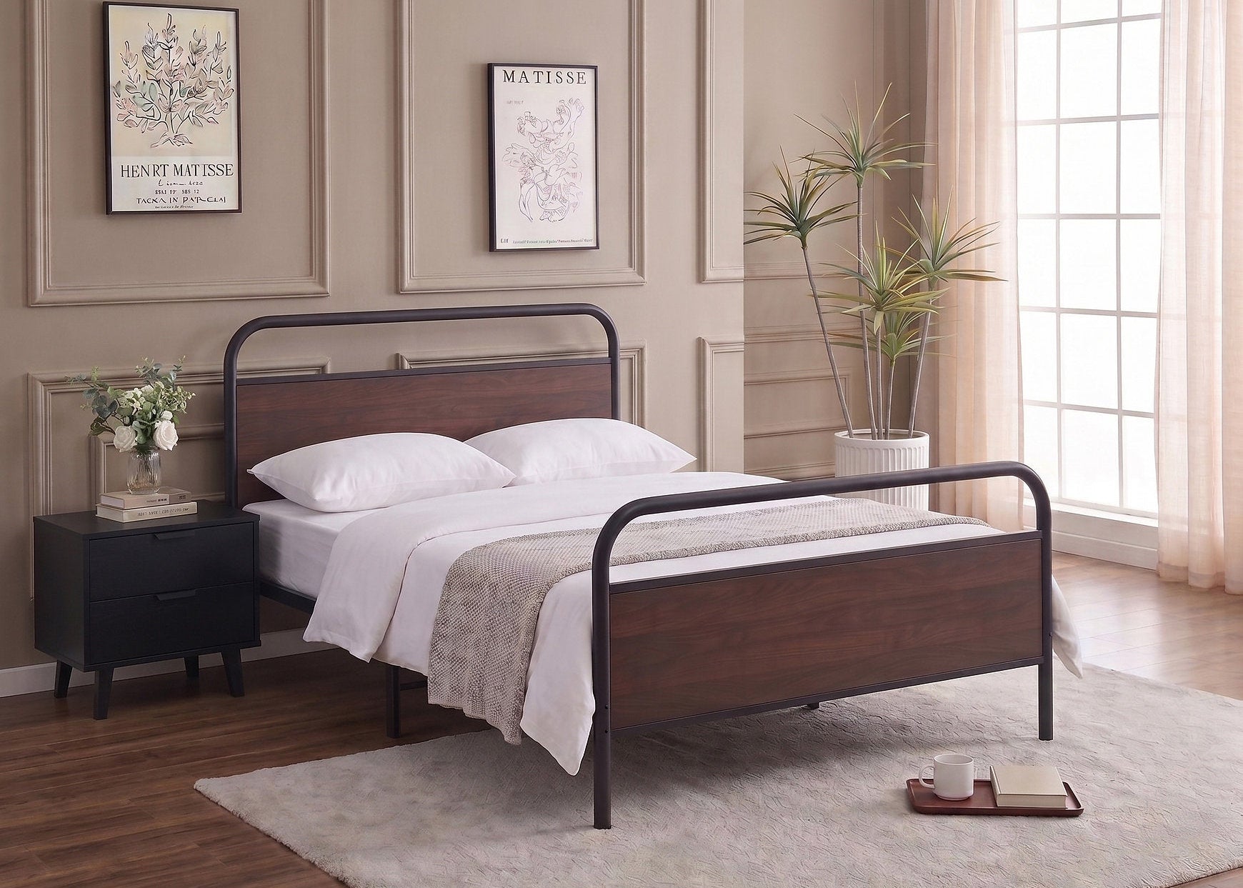 IF-5255 Bed, Black, Metal Frame, Brown Wood Panel Accents