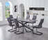 T-1570 | C-1573 Dining Set, 7Pc, Extensions Table, 63"-79" Long, Faux Grey Marble Top, X-Shaped Black Steel Base, Grey Fabric Chairs