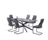 T-1570 | C-1573 Dining Set, 7Pc, Extensions Table, 63"-79" Long, Faux Grey Marble Top, X-Shaped Black Steel Base, Grey Fabric Chairs