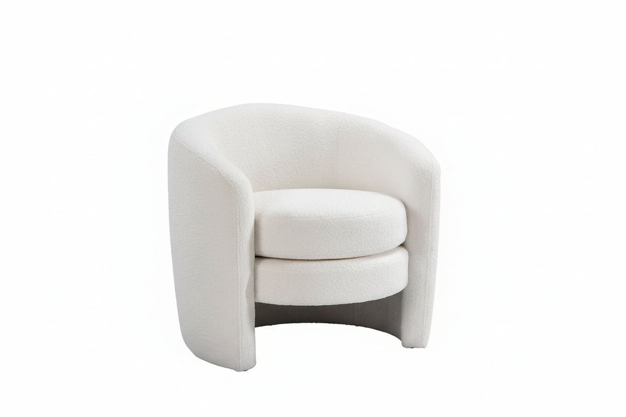 IF-6870 Armchair, Plush White Teddy Bear Fabric, Curved Barrel-Style