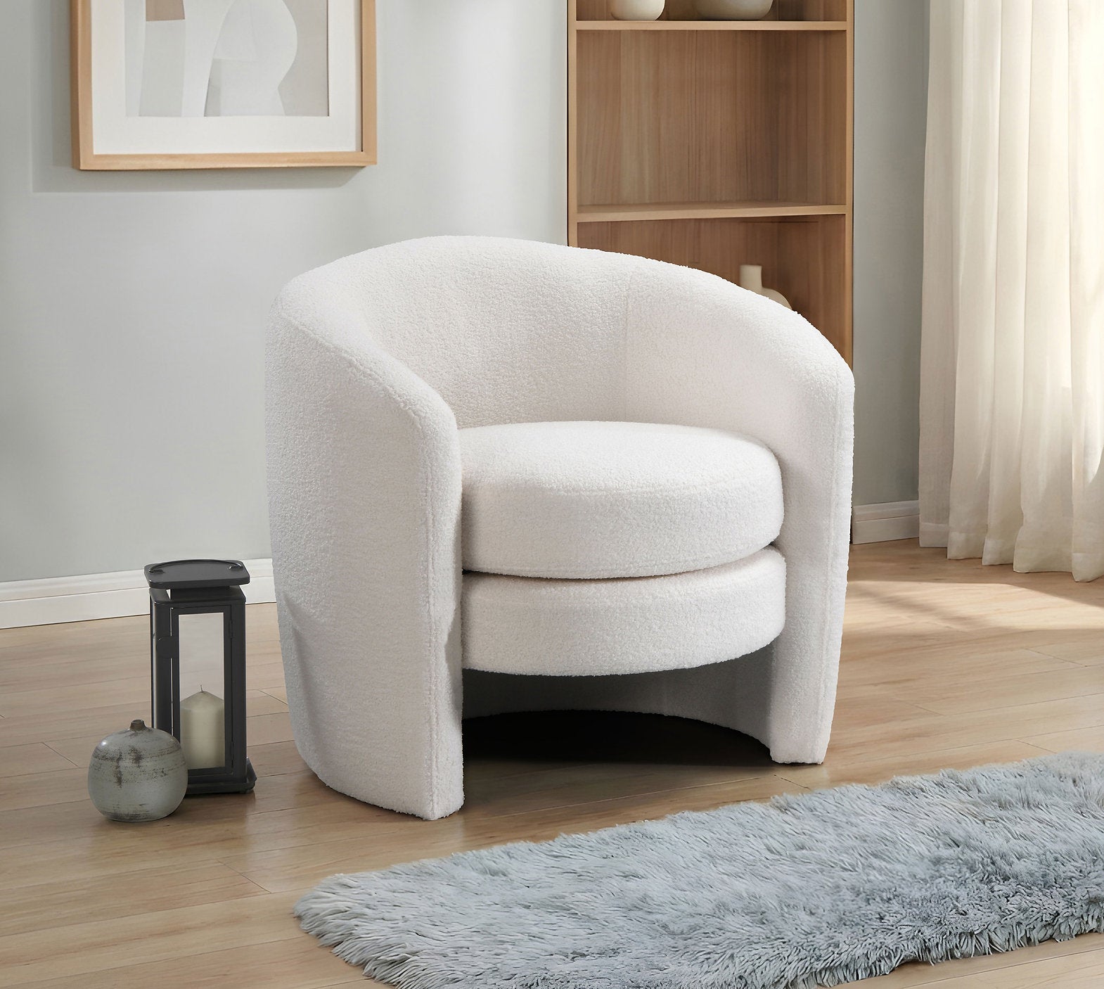 IF-6870 Armchair, Plush White Teddy Bear Fabric, Curved Barrel-Style