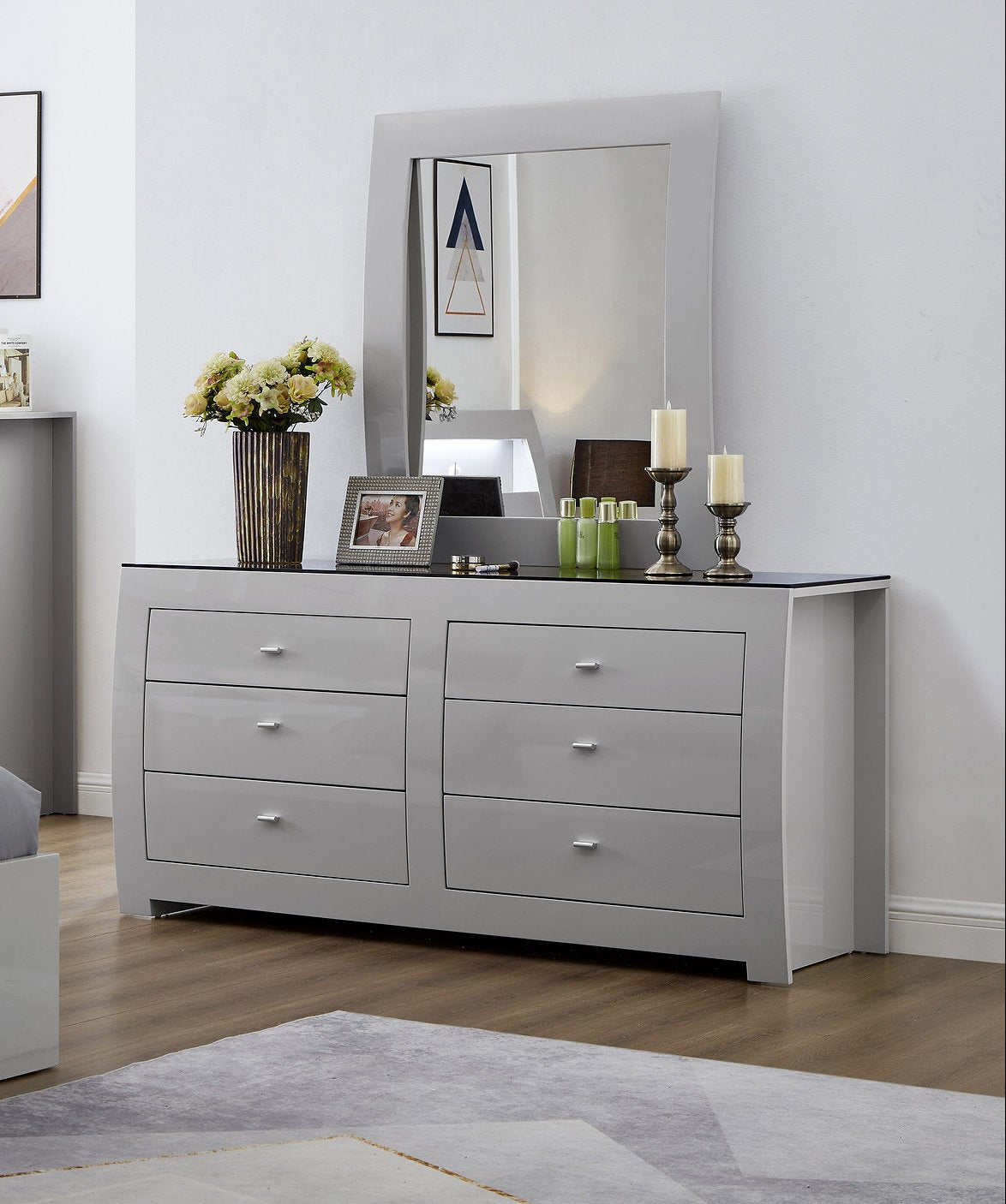 "NEW YORK" Dresser + Mirror, Glossy Grey, Black Glass Top