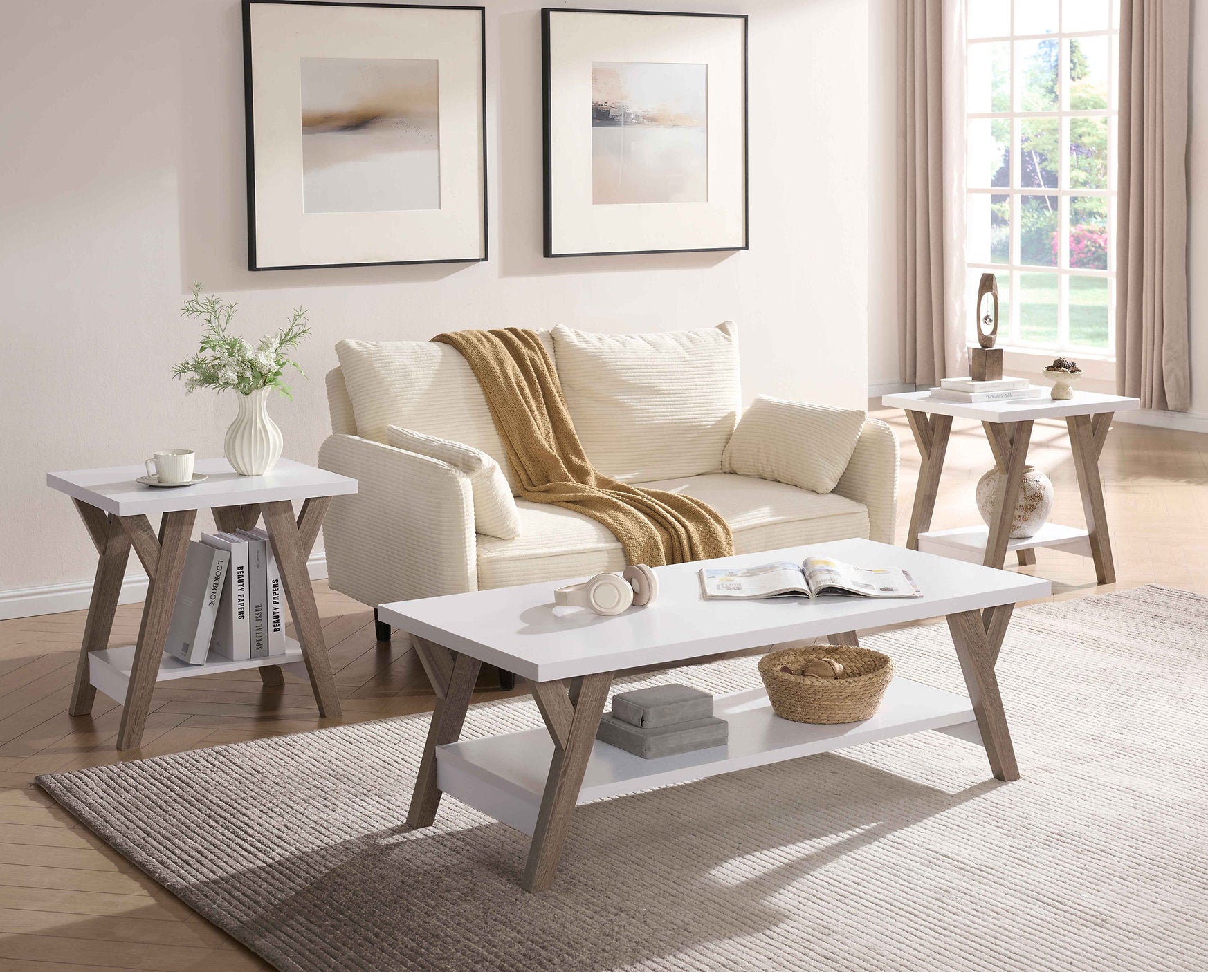 IF-3506 Coffee Table Set, 3Pc, White Top, 48" Coffee Table, 22" End Tables, Natural Frame