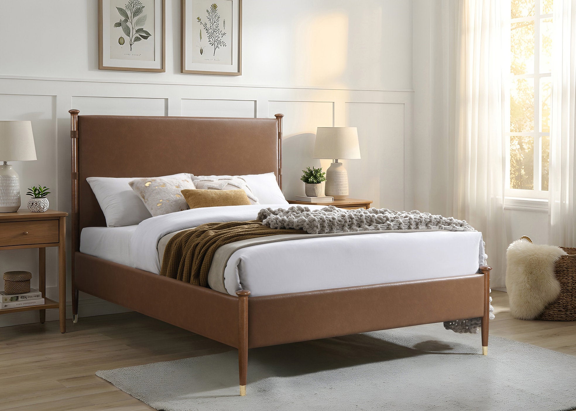 IF-5125 Bed, Brown Wooden legs, Upholstered Headboard, and Frame